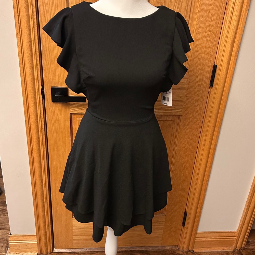 Crystal Doll Fit and‎ Flare Dress Womens XS Black NEW Ruffle Sleeve Mini Zipper - Picture 2 of 6